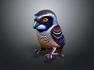 Bird Sculpture With Colorful Feathers Yellow Eyes Black Beak Sharp Claws Against Dark Background 3d model