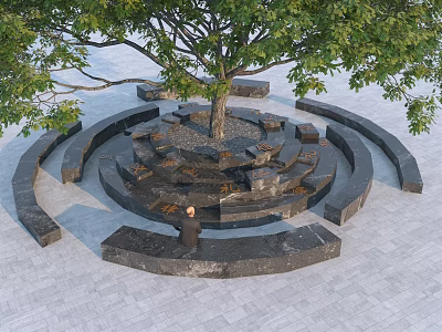 Outdoor Stone Chairs In Circular Design Around Tree With Gray Slate Floor 3d model