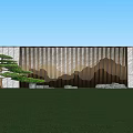 Mountain Pattern Feature Wall Surrounded By Green Plants Pine Tree Lighting In Paved Courtyard