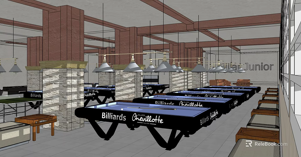 Spacious Billiard Room Interior With Multiple Tables Pendant Lights And Brick Columns 3d model 