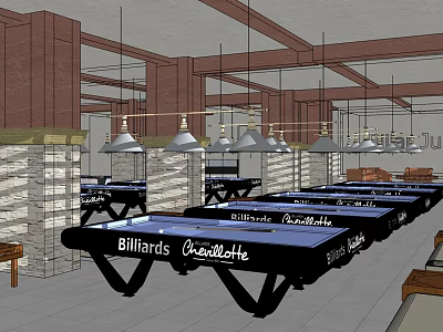 Spacious Billiard Room Interior With Multiple Tables Pendant Lights And Brick Columns 3d model