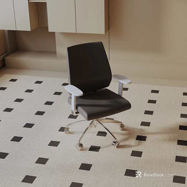 Modern Black Upholstered Leisure Chair With White Armrests And Metal Wheels On Checkered Carpet 3d model 