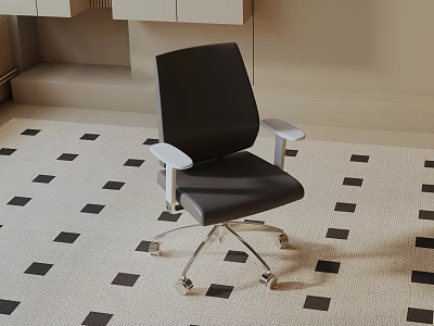 Modern Black Upholstered Leisure Chair With White Armrests And Metal Wheels On Checkered Carpet 3d model