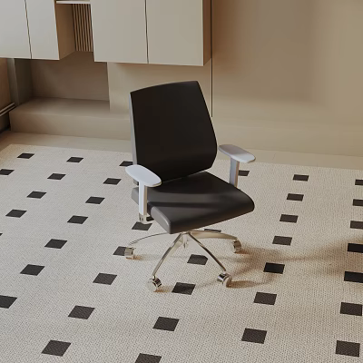 Modern Black Upholstered Leisure Chair With White Armrests And Metal Wheels On Checkered Carpet 3d model