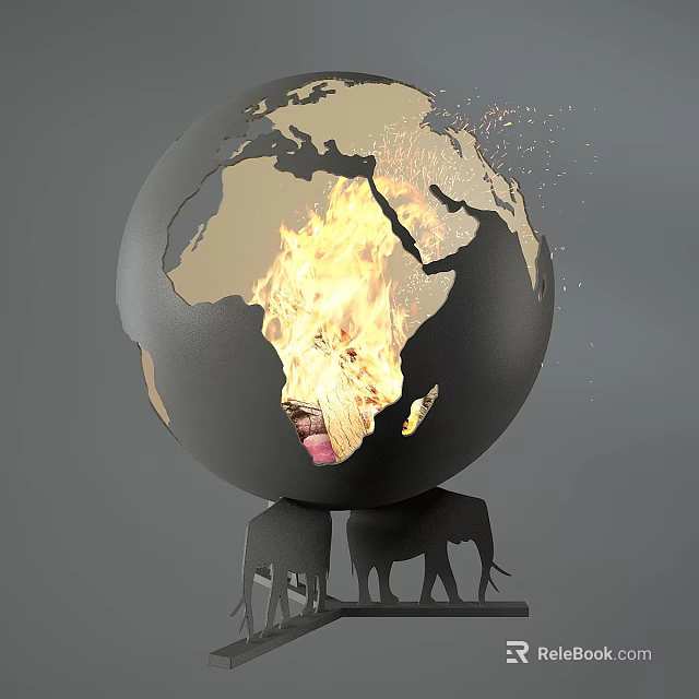 Elegant Fireplace Design With Globe Decor Flames And Elephant Silhouettes Base 3d model 