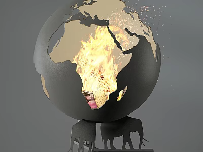 Elegant Fireplace Design With Globe Decor Flames And Elephant Silhouettes Base 3d model