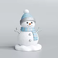 Cute White Snowman With Blue Gray Hat Scarf Stripes And Buttons On Snow Base