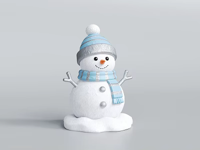 Cute White Snowman With Blue Gray Hat Scarf Stripes And Buttons On Snow Base 3d model