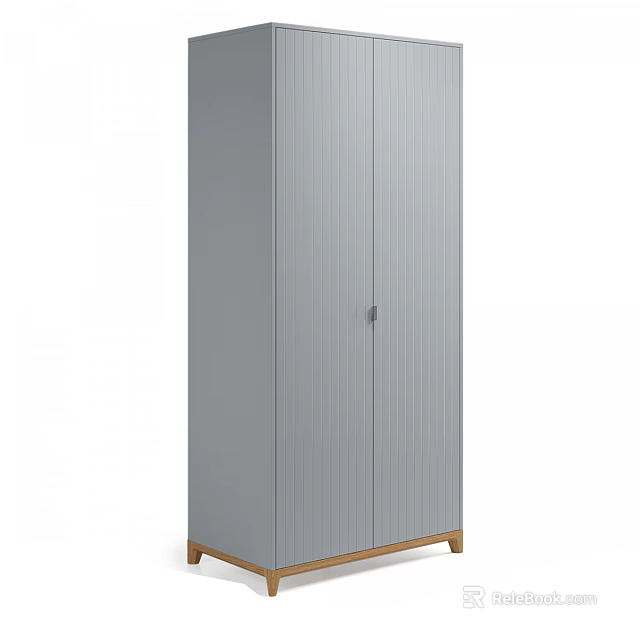 Modern Minimalist Gray Wardrobe Design With Double Panel Doors And Wooden Legs 3d model 