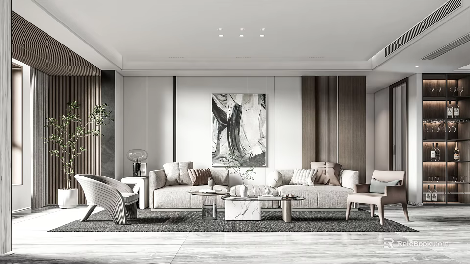 Modern Living Room Interior With Beige Sofa Throw Pillows Marble Coffee Table And Abstract Painting 3d model 