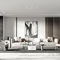 Modern Living Room Interior With Beige Sofa Throw Pillows Marble Coffee Table And Abstract Painting