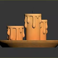 Orange Candles With Melting Wax On Wooden Tray For Home Decor