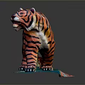 Orange Black Striped Tiger Sculpture In Standing Pose With White Face Belly And Blue Base