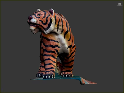 Orange Black Striped Tiger Sculpture In Standing Pose With White Face Belly And Blue Base 3d model