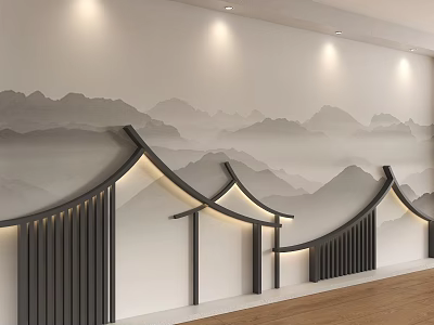 Chinese Style Interior Background Wall With Mountain Landscape Painting And Eaves Design Lighting 3d model