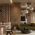 Modern Warm Wood Toned Living And Dining Room With Cozy Furnishings And Soft Ambient Lighting