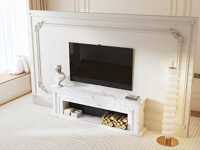 Luxurious White TV Stand With Marble Top Fireplace Decorative Statue And Floor Lamp 3d model