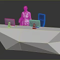 Modern White Geometric Reception Desk With Two Computer Monitors And Office Chair