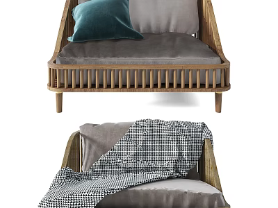 Outdoor Wicker Sofa With Wooden Frame Gray Cushions Blue Pillow And Checkered Blanket 3d model