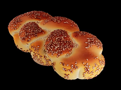 Freshly Baked Golden Braided Bread Topped With Sesame Seeds On Black Background 3d model