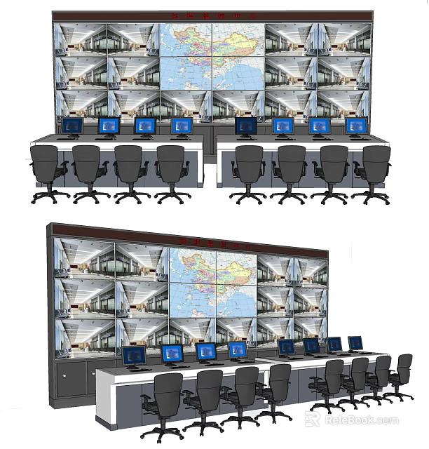 Professional Office Appliances Configuration With Multiple Monitor Screens Computers And Control Desks In Control Room 3d model 