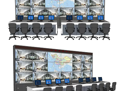 Professional Office Appliances Configuration With Multiple Monitor Screens Computers And Control Desks In Control Room 3d model