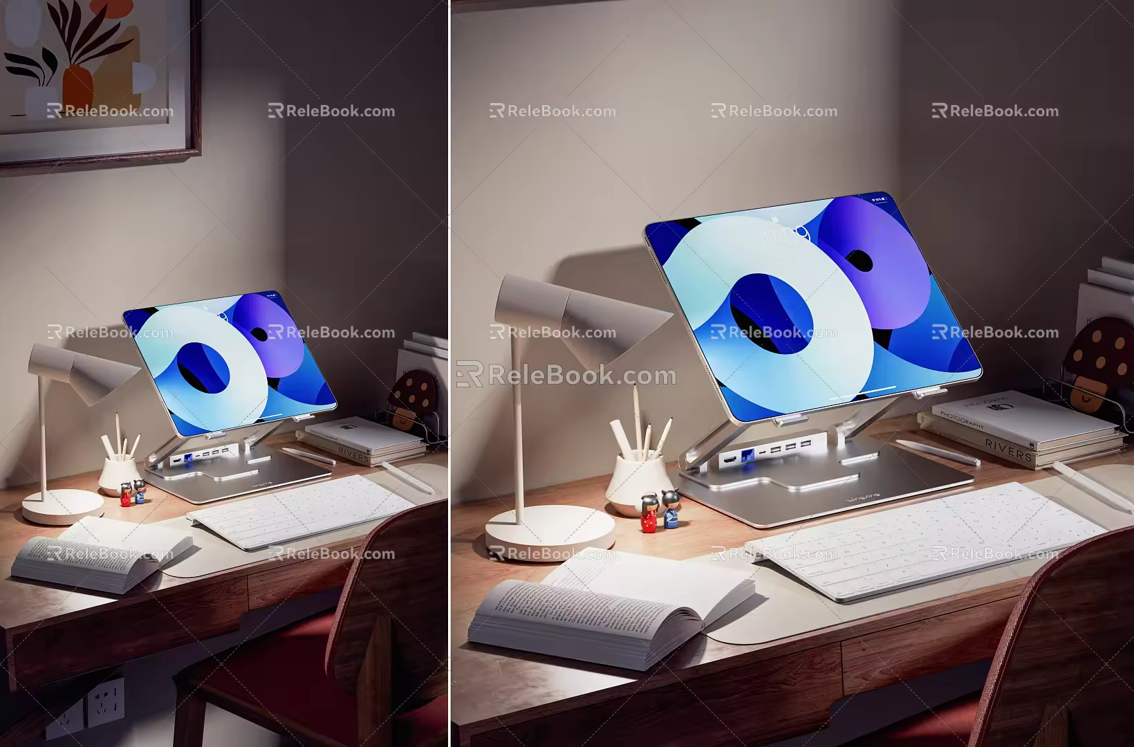 Modern Solid Wood Desk Office Desk Home Desk Flat Desk Tablet PC Desk Lamp Wireless Keyboard Computer Desk and Chair Combination 3d model