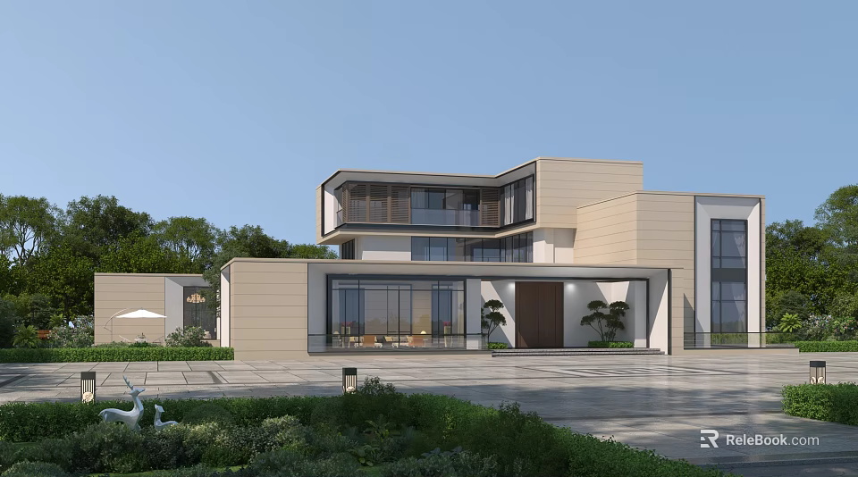 Modern Detached Villa Exterior Design With Large Windows And Courtyard Garden 3d model 