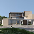 Modern Detached Villa Exterior Design With Large Windows And Courtyard Garden