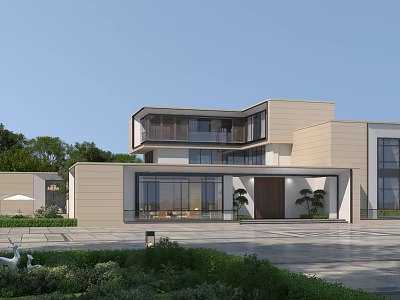 Modern Detached Villa Exterior Design With Large Windows And Courtyard Garden 3d model