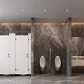 Modern Public Restroom Design With White Cubicles Marble Walls Urinals And Washbasin Area