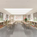 Bright School Reading Room Interior With Long Tables Bookshelves And Wall Decorations