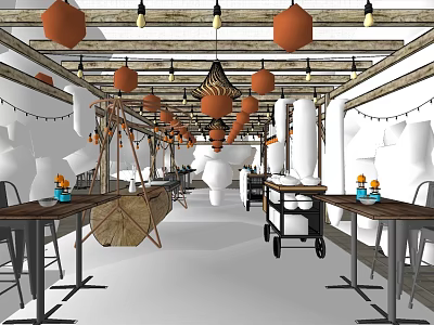 Modern Restaurant Interior Design With Wooden Beams Orange Lanterns And Long Tables 3d model