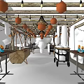 Modern Restaurant Interior Design With Wooden Beams Orange Lanterns And Long Tables