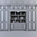 Dark Wood Wardrobe with Gold Accents Classical Design Open Shelves and Drawers