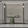 Modern Luxury Entryway Hallway with Marble Walls Green Console Table Vase and Patterned Rug