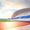 Modern Sports Stadium Building With Curved Roof Blue Stands Red Track Green Field And Sunlight
