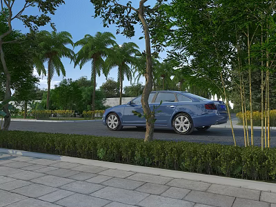 Blue Sedan Parked Along Scenic Roadside With Palm Trees Lush Greenery And Sidewalk 3d model
