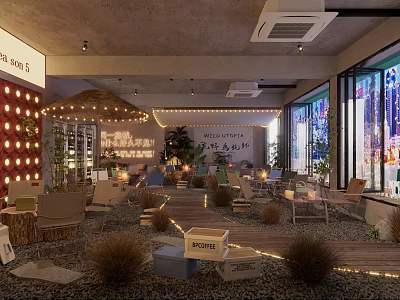 Rustic Restaurant Interior With String Lights Pebble Flooring And Wooden Seats 3d model
