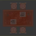 Chinese traditional red table and chair set with carved chairs and decorative tabletop items