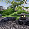 Karesansui Garden Design With Stones Gravel Pine Trees Mossy Plants And Wooden Deck