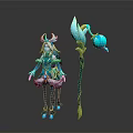 Elegant Woman in Teal Outfit with Horned Headdress and Large Floral Shaped Staff