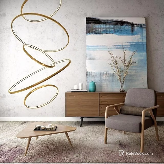 Gray Single Sofa In Living Room With Wooden Cabinet Abstract Painting And Golden Circular Decorations 3d model 