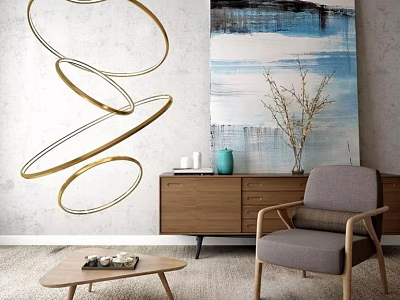 Gray Single Sofa In Living Room With Wooden Cabinet Abstract Painting And Golden Circular Decorations 3d model