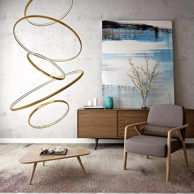 Gray Single Sofa In Living Room With Wooden Cabinet Abstract Painting And Golden Circular Decorations 3d model