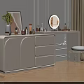 Modern White Dressing Table With Round Mirror Green Plant Skincare Bottles And Transparent Chair