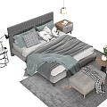 Modern Double Bed With Upholstered Headboard Pillows Bench And Area Rug 3d model