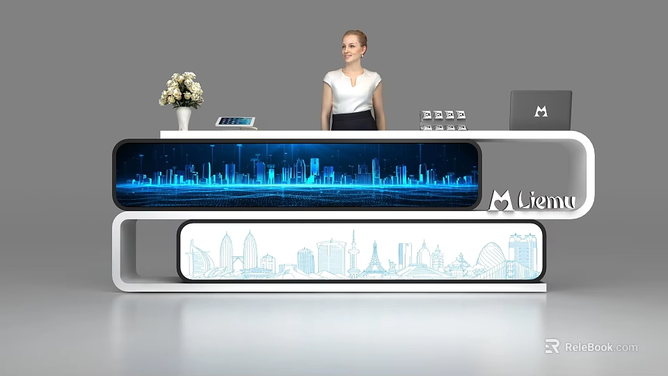 Modern Office Reception Desk With Illuminated City Skyline Design And Flower Vase 3d model 