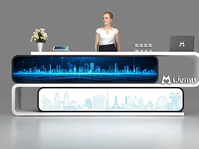 Modern Office Reception Desk With Illuminated City Skyline Design And Flower Vase 3d model