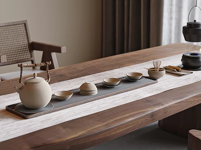 Elegant Modern Tea Set With Teapot Teacups On Wooden Tray For Minimalist Tea Space 3d model